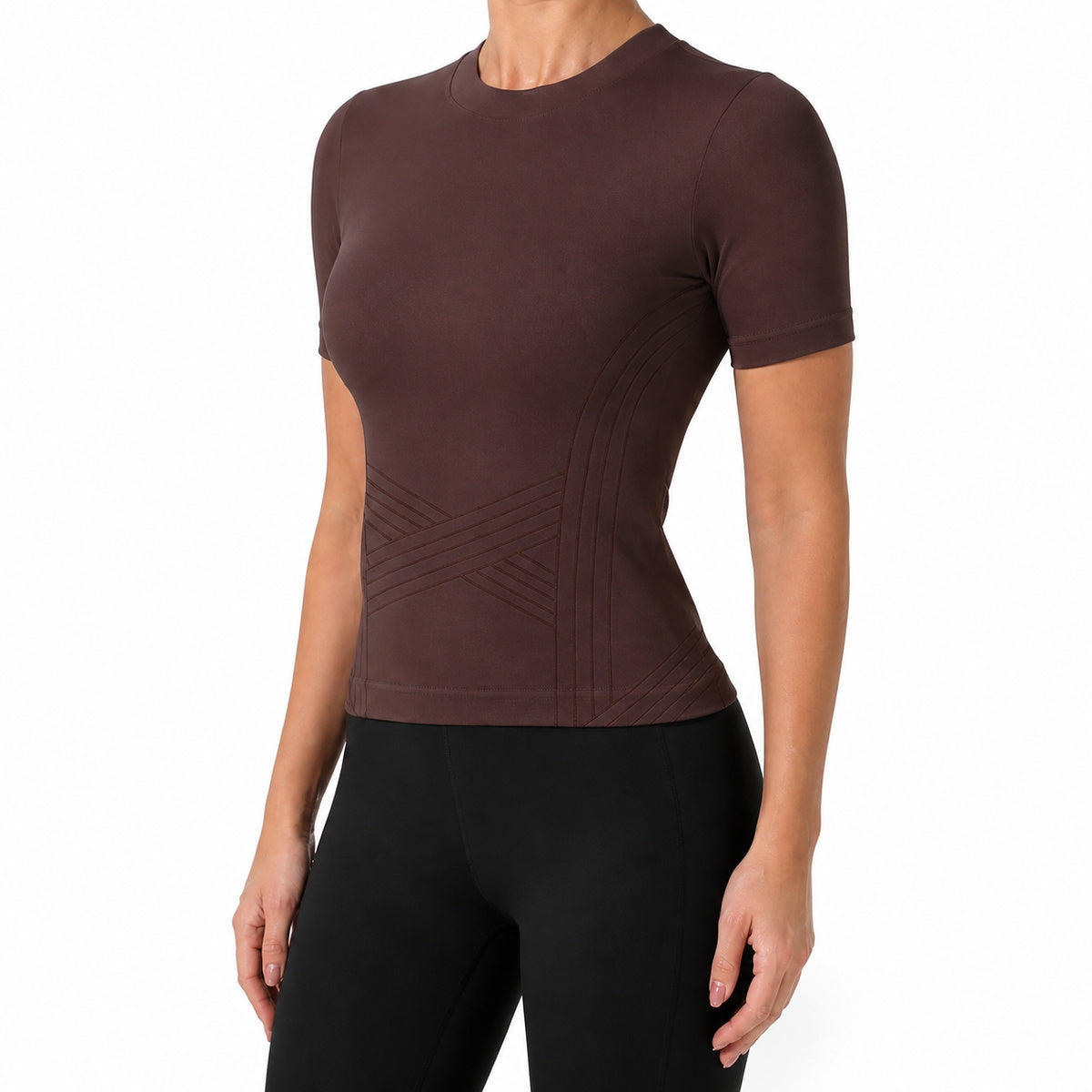 Aloveta ContourKnit Sculpting Short-Sleeve Top — Brown color SKU