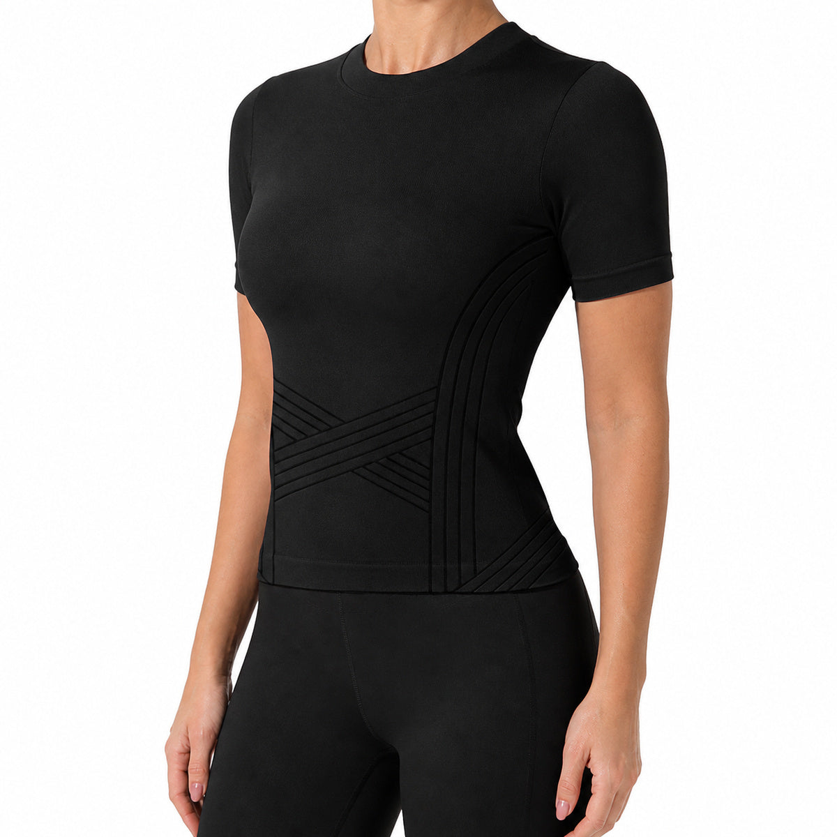 Aloveta ContourKnit Sculpting Short-Sleeve Top — Black color SKU