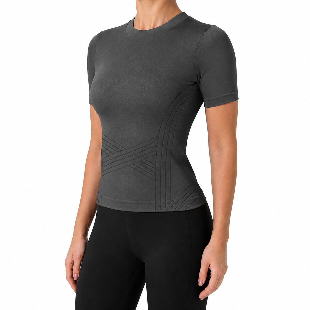 Aloveta ContourKnit Sculpting Short-Sleeve Top — Deep Gray color SKU