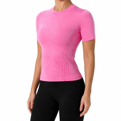 Aloveta ContourKnit Sculpting Short-Sleeve Top — Pink color SKU