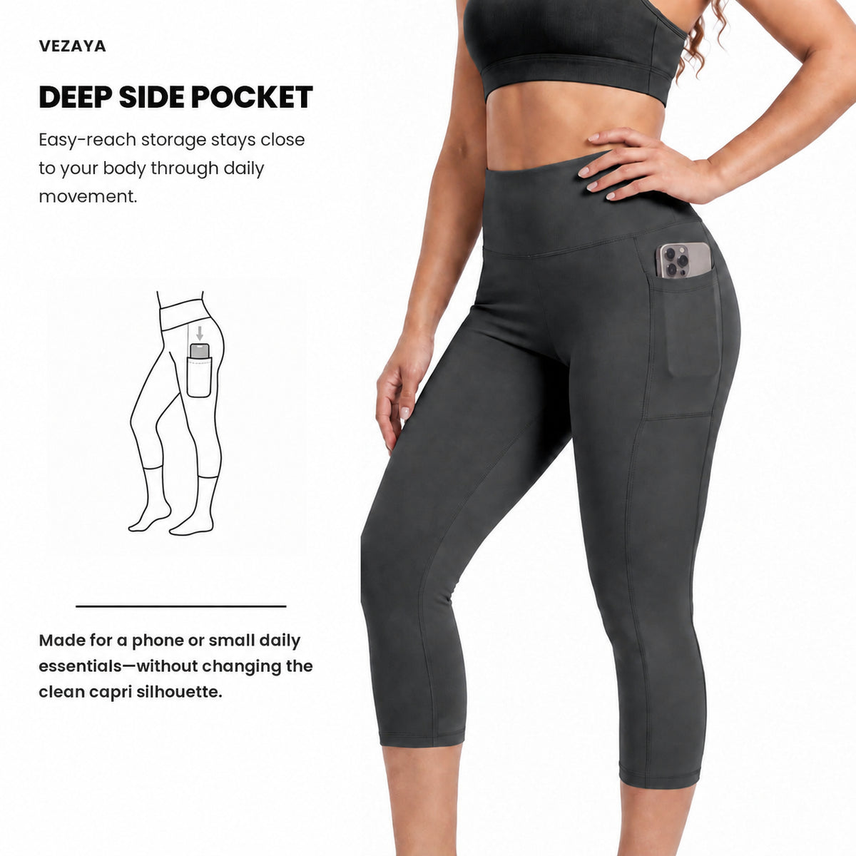 Aloveta FlexContour High-Waist Pocket Capri Leggings — Black feature deep side pocket