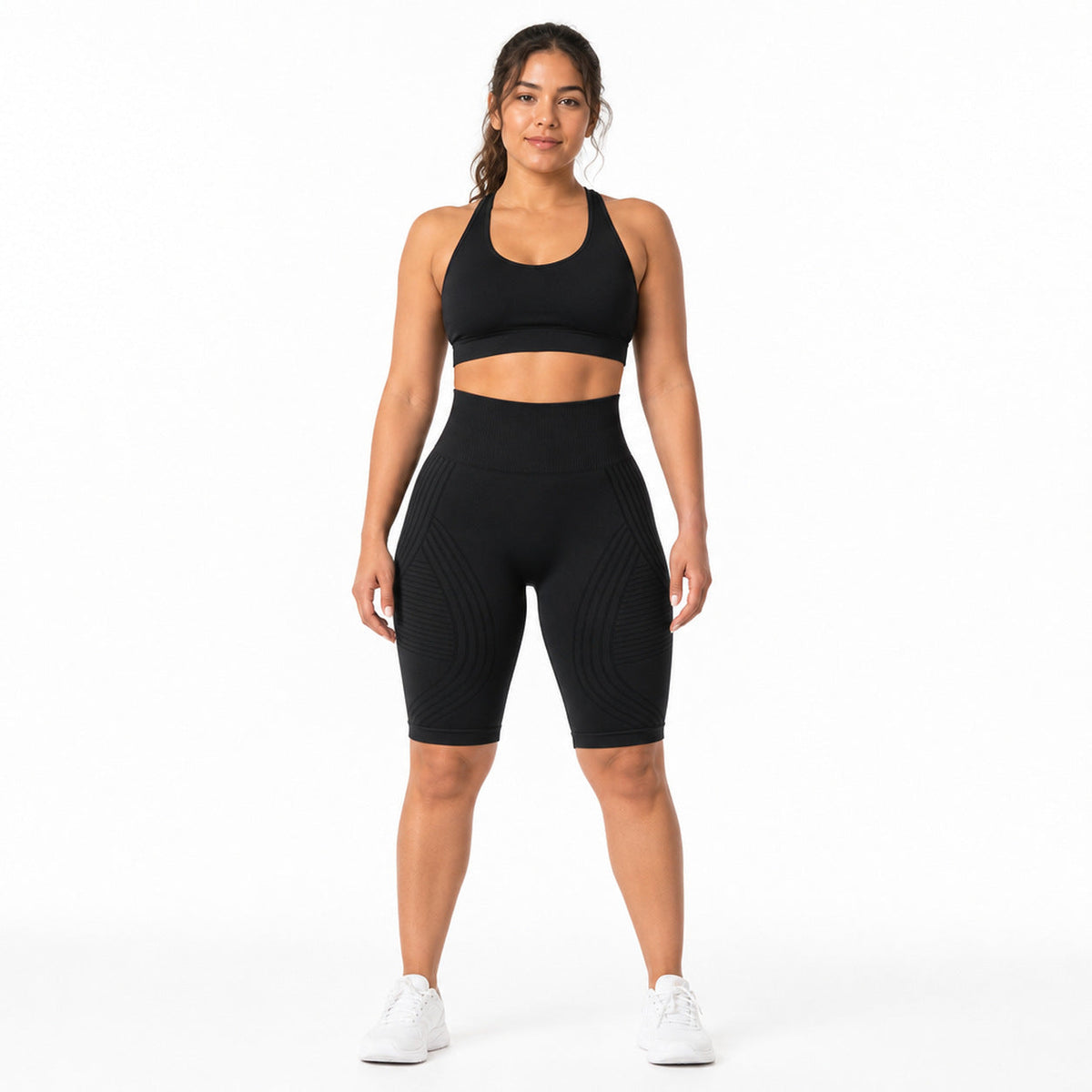 Aloveta 3D Textured Sculpting Short Leggings — Black 01 white front
