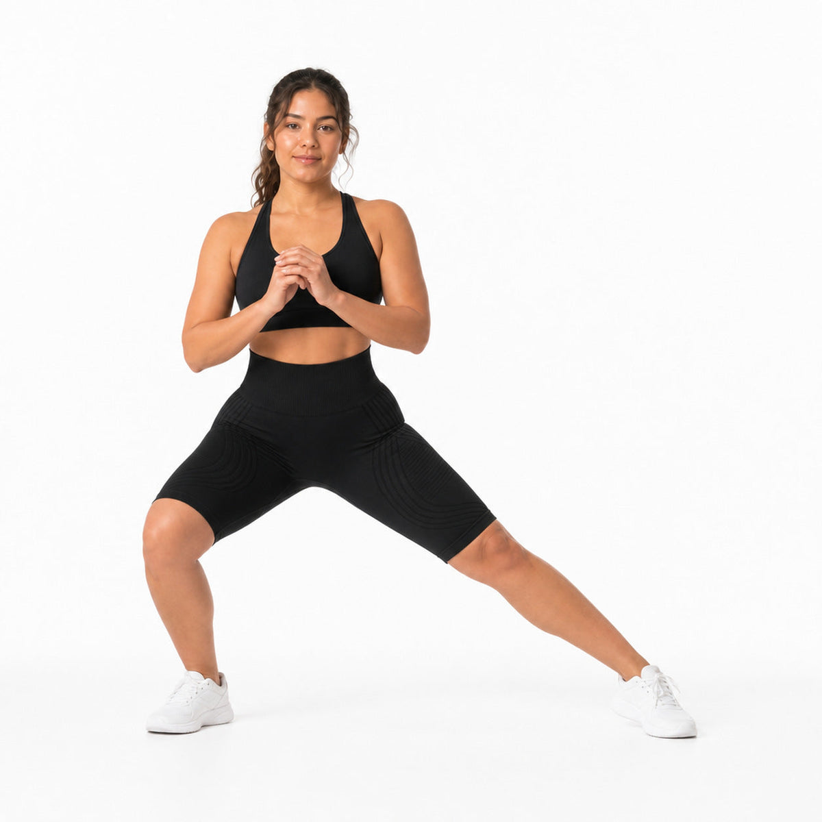 Aloveta 3D Textured Sculpting Short Leggings — Black 04 white pose