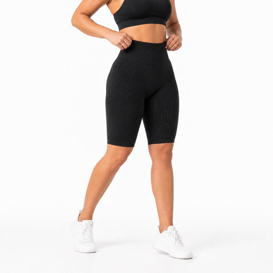 Aloveta black textured sculpting short leggings — lower-body studio hero